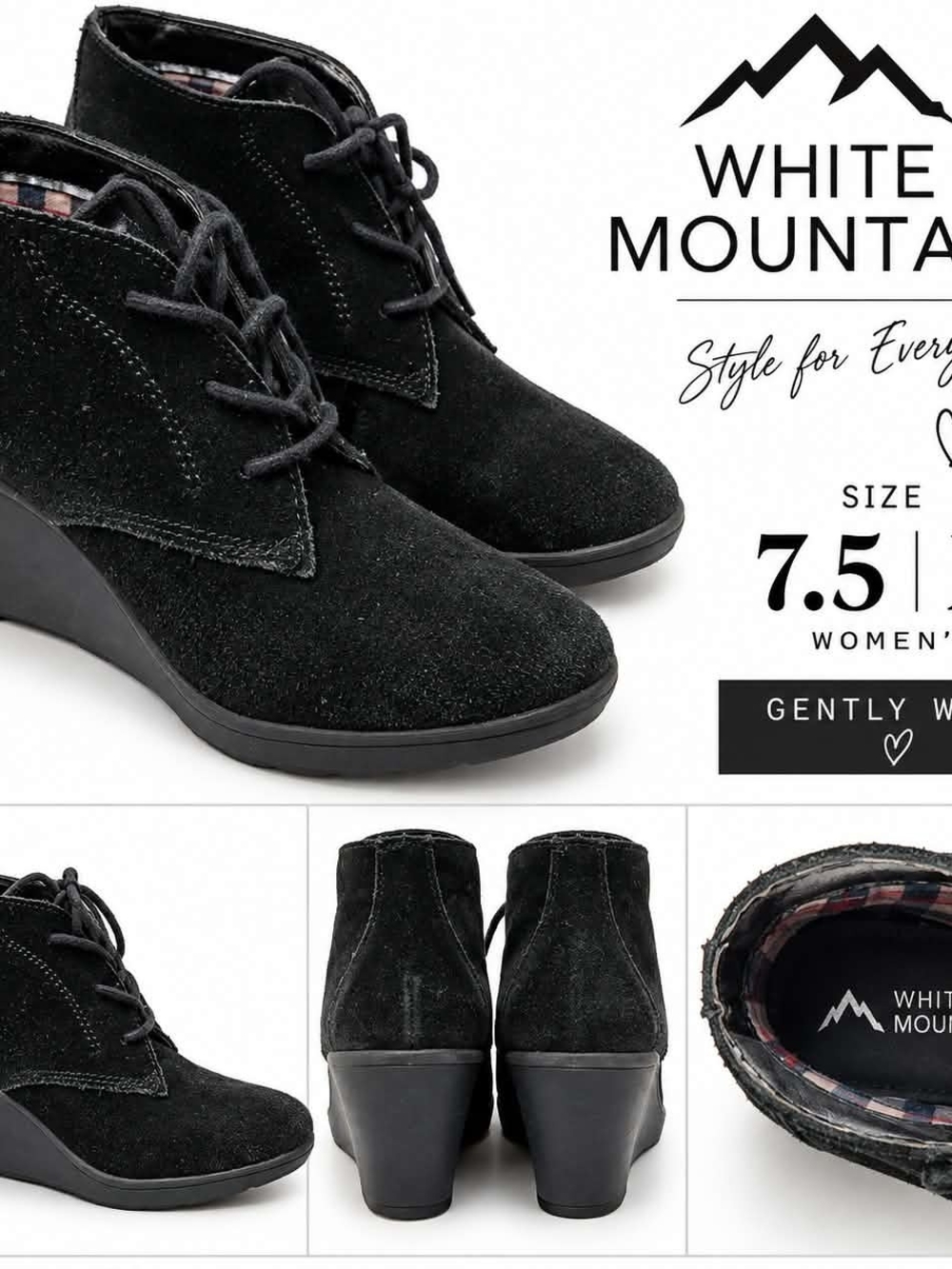 White Mountain Black Suede Lace-Up Wedge Ankle Boots